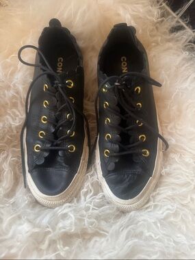 Converse Black Leather Low-Top Sneakers with Gold Eyelets